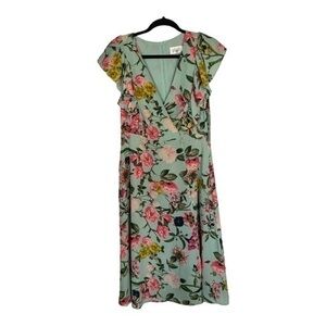 Eliza J Mint Floral Print Faux Wrap Flutter Sleeve Dress Size 6 New